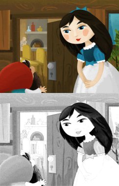 Prenses ve cücelerin çocuklar için resim çizdiği karikatür sahnesi