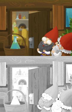 Çocuklar için ahşap ev illüstrasyonunun yanında cücelerin olduğu çizgi film sahnesi