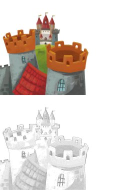 Çocuklar için orman illüstrasyonunun yakınında güzel bir şatosu olan karikatür doğa sahnesi