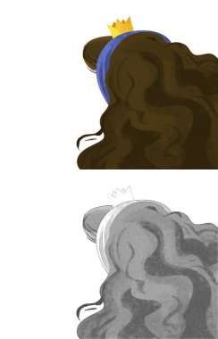 Kraliçe ya da prensesin çocuklar için ayna resimlerine baktığı karikatür sahnesi.