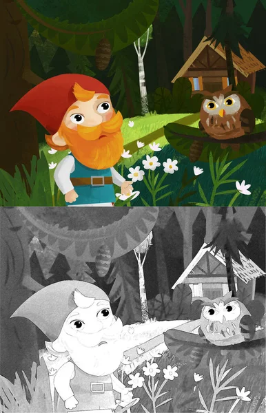 Zeichentrickszene Mit Zwerg Wald Bei Holzhaus Illustration Für Kinder — Stockfoto