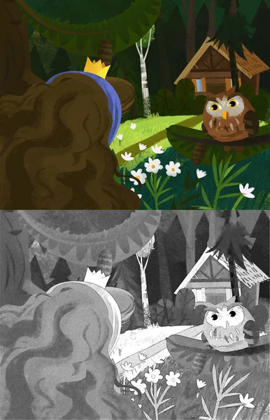 Prenses Ile Çizgi Film Sahnesi Orman Evinin Yakınında Çocuklar Için — Stok fotoğraf
