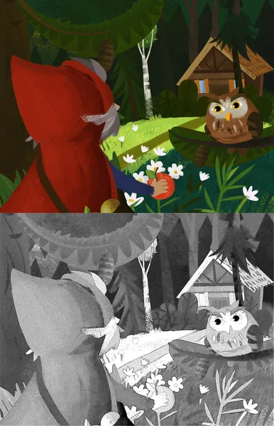 在森林房子附近的卡通片场景中 只有女巫在为孩子们作画 — 图库照片