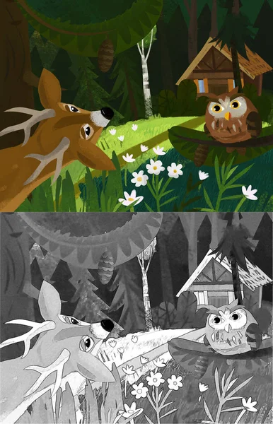 Tegneserie Scene Med Ugle Fugl Rådyr Skoven Nær Træhus Illustration - Stock-foto