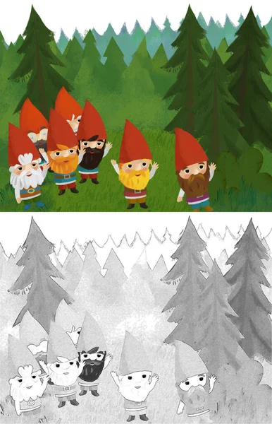 Zeichentrickszene Mit Zwergen Auf Der Waldwiese Illustration Für Kinder — Stockfoto