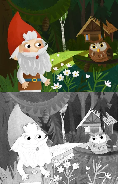 cartoon scene with dwarf in the forest near wooden house illustration for children
