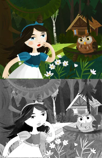 Scena Kreskówek Księżniczką Pobliżu Lasu Sam Ilustracja Dla Dzieci — Zdjęcie stockowe