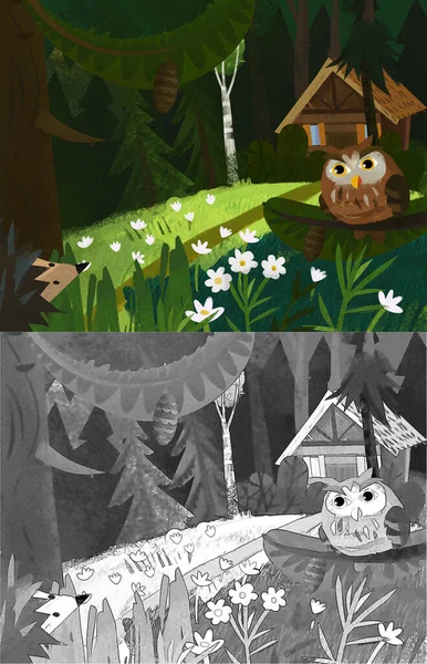 Cartoon Scene Owl Bird Hedgehog Forest Wooden House Illustration Children — Foto de Stock