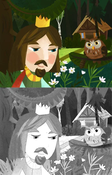 Scena Kreskówek Księciem Lesie Pobliżu Drewnianego Domu Ilustracja Dla Dzieci — Zdjęcie stockowe