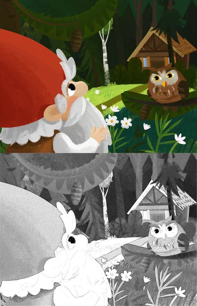 小矮人在森林里的卡通片 靠近木制房屋的儿童插图 — 图库照片