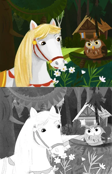 stock image cartoon scene with owl bird horse in the forest near wooden house illustration for children