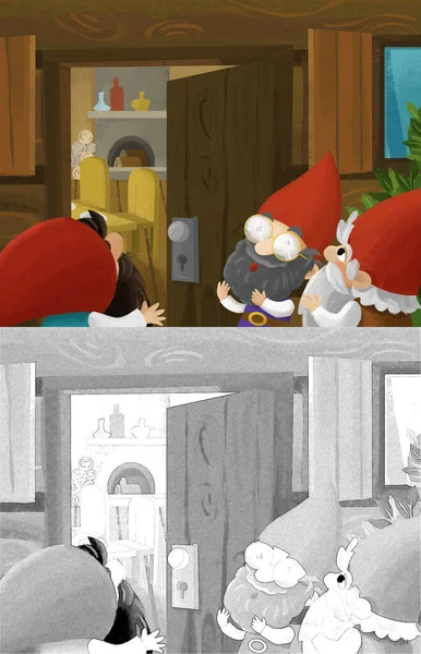 cartoon scene with princess and dwarfs talking illustration for children
