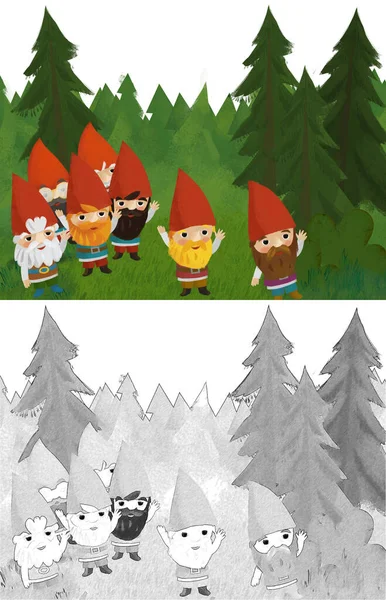 Tegneserie Scene Med Dværge Skoven Eng Illustration Børn - Stock-foto