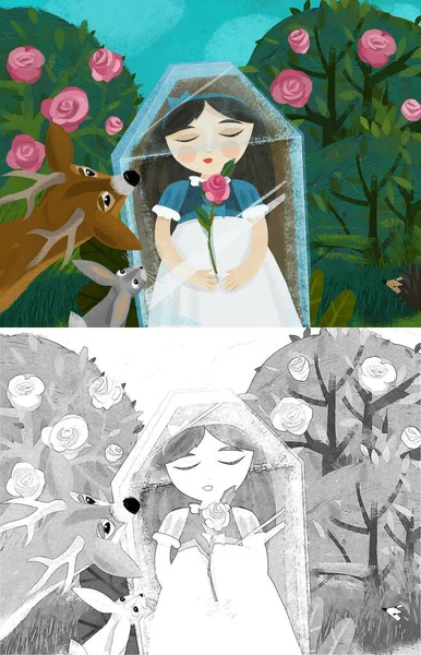 cartoon scene with girl princess and dwarfs illustration for children