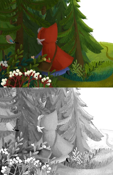 Escena Dibujos Animados Con Vieja Bruja Bruja Feliz Bosque Ilustración — Foto de Stock