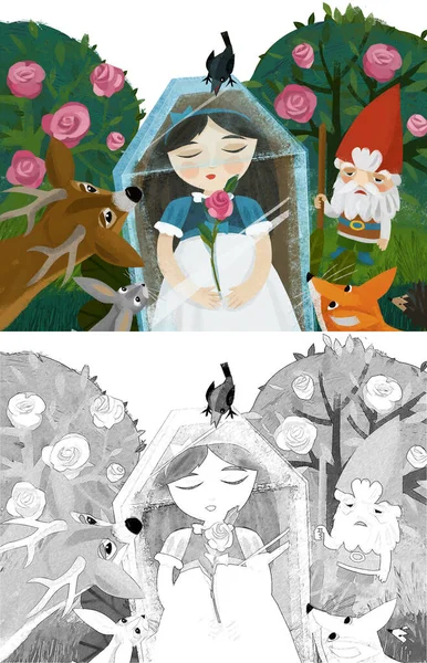 Cartoon Szene Mit Schlafender Prinzessin Und Zwergen Illustration Für Kinder — Stockfoto