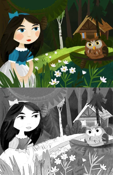 フクロウと木の家の近くの森の中のプリンセスと一緒に漫画シーンだけで子供のためのイラスト — ストック写真