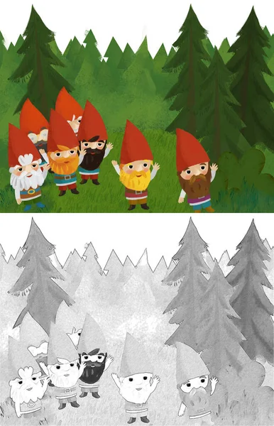 Cena Dos Desenhos Animados Com Anões Ilustração Floresta Para Crianças — Fotografia de Stock