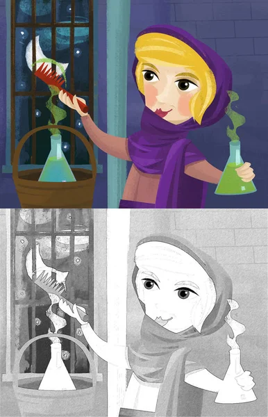 卡通片场景女巫草药女王为孩子们做魔术插图 — 图库照片