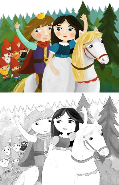 cartoon scene with prince and princess on the horse in the forest illustration for children