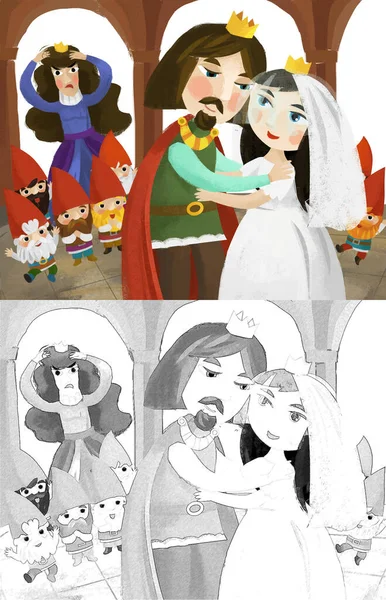 Cena Dos Desenhos Animados Com Marido Esposa Rei Rainha Ilustração — Fotografia de Stock