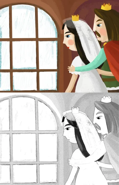 Cartoon Scene Husband Wife King Queen Castle Illustration Children — Stock Photo, Image