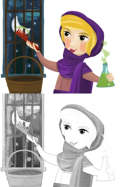 卡通片场景女巫草药女王为孩子们做魔术插图 — 图库照片
