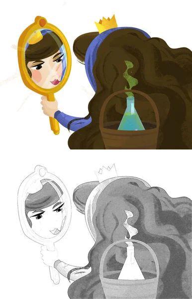 Cartoon Scene Witch Herbalist Queen Doing Magic Illustration Children — Photo