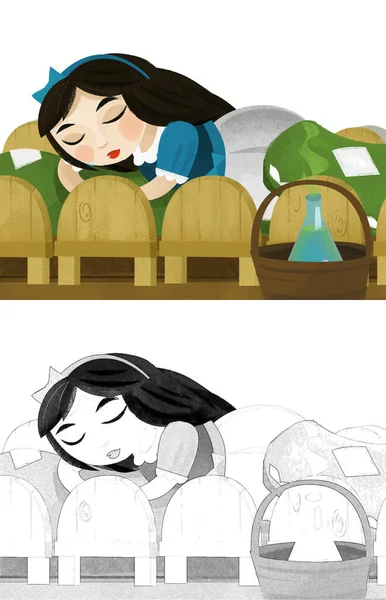 cartoon princess sleeping on the small beds in the room illustration for children