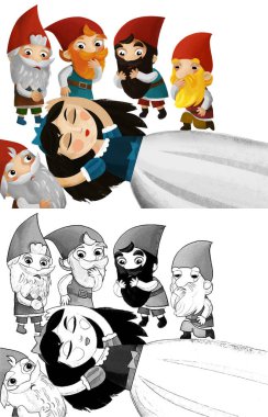 Prenses 'in ayakta duran cücelerin yanında uyuduğu karikatür sahnesi çocuklar için.