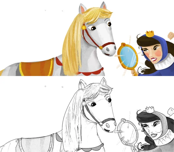 cartoon scene with princess queen with her friend horse illustration for children