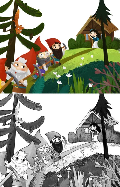 cartoon scene with girl princess and dwarfs in the forest illustration for children