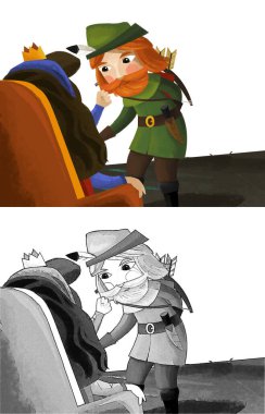 Çocuklar için Kraliçe ve Şövalye illüstrasyonlu çizgi film sahnesi