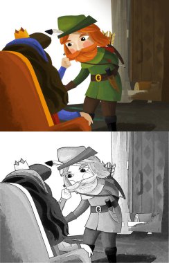 Çocuklar için Kraliçe ve Şövalye illüstrasyonlu çizgi film sahnesi