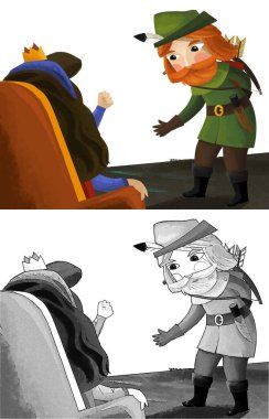 Çocuklar için Kraliçe ve Şövalye illüstrasyonlu çizgi film sahnesi