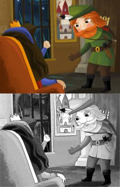 Çocuklar için Kraliçe ve Şövalye Avcısı illüstrasyonuyla karikatür sahnesi