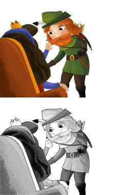 Çocuklar için Kraliçe ve Şövalye illüstrasyonlu çizgi film sahnesi