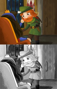 Çocuklar için Kraliçe ve Şövalye illüstrasyonlu çizgi film sahnesi