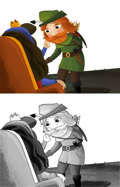 Çocuklar için Kraliçe ve Şövalye illüstrasyonlu çizgi film sahnesi