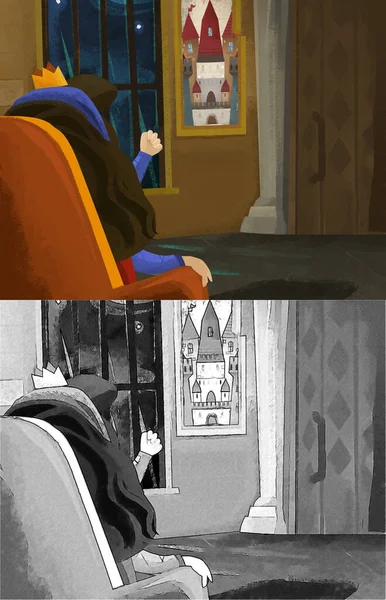 Kalede kraliçe ya da prensesin olduğu bir çizgi film sahnesi. Çocuklar için tahtta oturuyor.