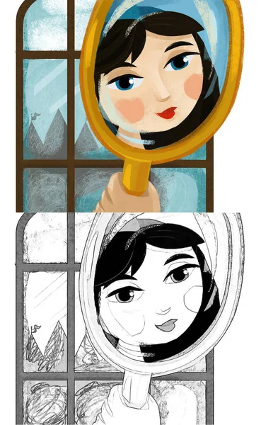 cartoon scene with face of beautiful princess in the mirror illustration for children