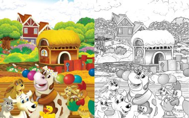 İneğin beyaz arka planda çiftlikte eğlendiği çizgi film sahnesi - çocuklar için illüstrasyon