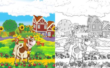 İneğin beyaz arka planda çiftlikte eğlendiği çizgi film sahnesi - çocuklar için illüstrasyon