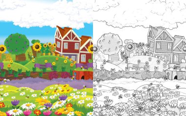 Tepede komik görünüşlü çiftlik çayırı olan çizgi film sahnesi - çocuklar için illüstrasyon