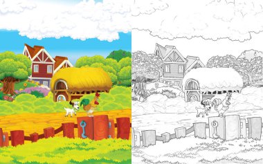 Hayvan keçisinin çiftlikte eğlendiği çizgi film sahnesi - çocuklar için illüstrasyon