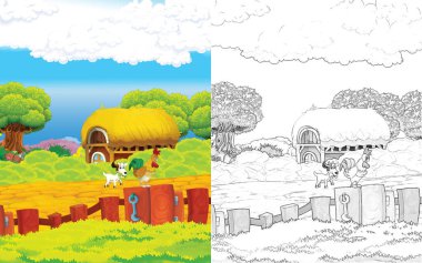 Hayvan keçisinin çiftlikte eğlendiği çizgi film sahnesi - çocuklar için illüstrasyon