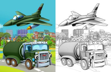 cartoon scene with military army different duty vehicles on the road with sketch