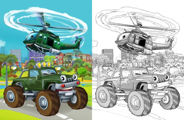 Cartoon Scene Military Army Different Duty Vehicles Road Sketch — Fotografia de Stock