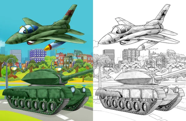 Cartoon Scene Military Army Different Duty Vehicles Road Sketch — Foto de Stock