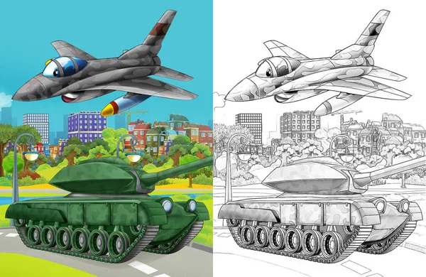 スケッチで道路上の軍の異なる義務車と漫画シーン — ストック写真
